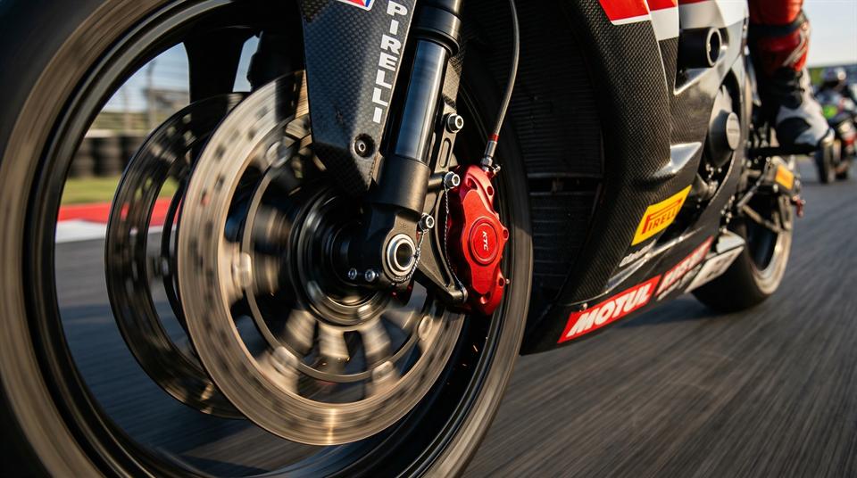 Side profile of a custom carbon fiber racing motorcycle with the MotoCaliper visible through the magnesium wheel spokes in a dark studio setting