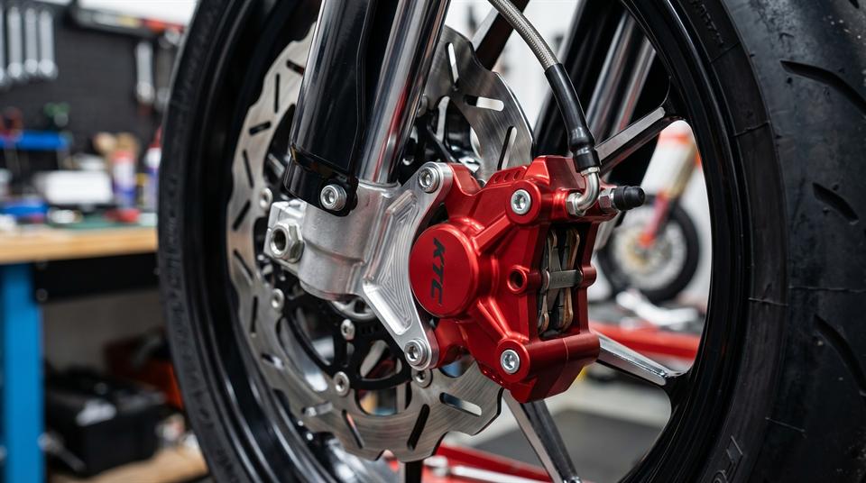 Close up of a 3D printed prototype of a brake caliper with a smooth matte grey finish and purple accent details